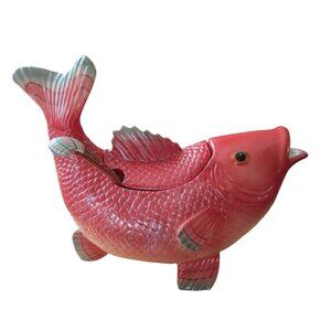 Vintage Fitz & Floyd Salmon Koi Fish Market Tureen Lid Seashell Ladle Y2K GUC